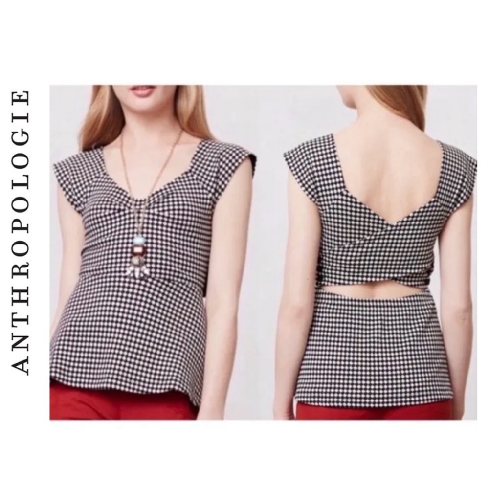 ANTHROPOLOGIE Deletta Criss-Cross-Back Peplum Top Black White Checkered‎ Size XS